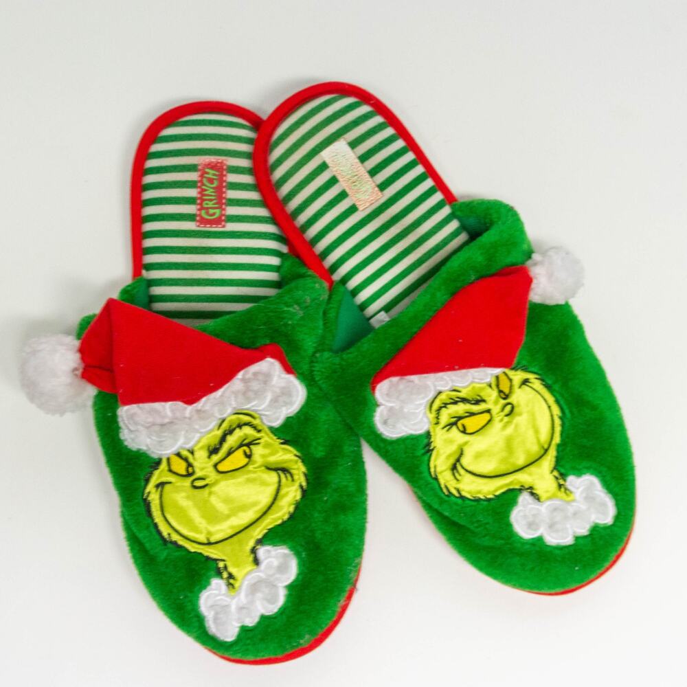 Dr Seuss The Grinch Mens Slippers Christmas Holiday Santa Hat Green 13/14